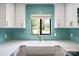 Bright kitchen features a farmhouse sink, white cabinets, a window, and stylish turquoise backsplash at 712 Mallard Head Ln, Mooresville, NC 28117