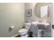Powder room with modern fixtures, pedestal sink, and neutral color palette at 261 Catoctin Rd, Rock Hill, SC 29732