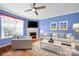 Comfortable living room with a fireplace, ceiling fan, and plenty of natural light at 635 Brickdust Ct, Fort Mill, SC 29708