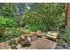 Relaxing backyard with a patio set surrounded by lush greenery and mature trees at 6434 Sardis Rd, Charlotte, NC 28270