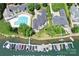 Beautiful aerial of waterfront homes, community clubhouse, pool and dock area at 7881 Mariners Pointe Cir, Denver, NC 28037