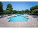 Large community pool on a sunny day, lined with lounge chairs at 9513 Saddle Run Trl, Charlotte, NC 28269