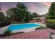 Backyard pool with lush landscaping and brick patio for entertaining, perfect for outdoor enjoyment at 11723 Oakland Hills Pl, Charlotte, NC 28277