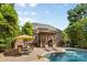 Backyard view with pool, outdoor kitchen, stone fireplace and patio dining area next to a luxury brick home at 1336 Dobson Dr, Waxhaw, NC 28173