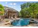 A beautiful pool with a stone surround, complete with a covered bar area and lounge chairs, offers a serene backyard escape at 1336 Dobson Dr, Waxhaw, NC 28173