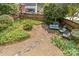 Aerial view of backyard, showcasing gravel, stone walkway, patio area, and lush landscaping, all enclosed by a wooden fence at 1600 Onslow Dr, Charlotte, NC 28205