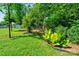 Landscaped backyard featuring a shed, plants, and mature trees at 3413 Fallston Rd, Shelby, NC 28150