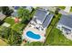 An aerial view showing the beautiful pool, lounge chairs, and patio seating in the backyard at 5723 Lindley Crescent Dr, Indian Trail, NC 28079