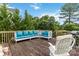 Outdoor deck featuring wooden flooring and comfortable blue cushioned seating with a grill at 7704 Ninth Fairway Ln, Mint Hill, NC 28227