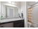 Bathroom with granite countertop, vanity, and a shower with decorative curtain at 10012 Michael Crossing Dr, Charlotte, NC 28213