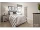 Stylish bedroom with a striped comforter, contemporary artwork and a walk-in closet offers functionality at 10112 Florentine Ln, Charlotte, NC 28214