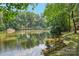 Picturesque lake view surrounded by lush greenery and mature trees, offering a serene escape at 10311 Windtree Ln, Charlotte, NC 28215