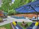 Inviting backyard oasis featuring a sparkling pool, patio, lounge area, and lush landscaping, perfect for outdoor relaxation and entertainment at 314 Southern Cross Ln, Matthews, NC 28105