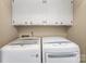 Convenient laundry room with modern washer and dryer and overhead cabinets at 706 Hammermill Ct, Charlotte, NC 28270