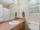 Bathroom featuring large mirror and vanity with sink, toilet, and shower with curtain at 8030 Glencannon Dr, Charlotte, NC 28227