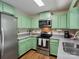 Cozy kitchen featuring updated stainless steel appliances and green cabinets at 8030 Glencannon Dr, Charlotte, NC 28227