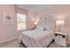 A cozy pink bedroom with a full-sized bed, matching artwork, and a window with a light-blocking shade at 10127 Florentine Way, Charlotte, NC 28214