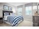 Well-lit bedroom with striped bedding, neutral walls, and two windows, offering a relaxing space at 10127 Florentine Way, Charlotte, NC 28214