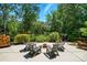 Backyard fire pit features four chairs and landscaping with a lake view beyond at 16525 Tulloch Rd, Charlotte, NC 28278