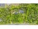 An aerial view showcasing a property with surrounding trees, a small garden, and a long driveway at 17403 Green Hill Rd, Charlotte, NC 28278