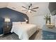 Main bedroom with blue accent wall, ceiling fan, and modern furnishings at 1925 Sandal Brook Rd, Indian Land, SC 29707