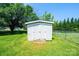 Close up of a well-maintained white storage shed located in the backyard, providing ample storage space at 2031 36Th Ne St, Hickory, NC 28601