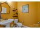 Charming half bathroom features bright yellow walls, modern fixtures, and stylish decor at 229 Cramerton Mills Pkwy, Cramerton, NC 28032