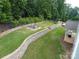 Aerial view of backyard featuring a fire pit, trampoline, retaining walls, and cozy seating at 3212 Gilroy Dr, Fort Mill, SC 29707