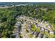An aerial view of a neighborhood showcases well-maintained homes with tree-lined streets on a sunny day at 3527 Crestridge Dr, Charlotte, NC 28217