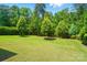 Manicured backyard offers a pristine lawn and mature landscaping at 463 Langston Place Dr, Fort Mill, SC 29708