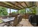 Comfortable covered deck with a dining table and seating, offering serene outdoor living at 510 Sw Viking Sw Pl, Concord, NC 28025