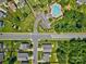 Aerial view of a residential neighborhood with tree-lined streets, sidewalks, and a community pool at 511 Rough Hewn Ln, Rock Hill, SC 29730