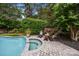 Relaxing poolside seating area with a built-in spa and lush landscaping at 6916 Cameron Glen Dr, Charlotte, NC 28210
