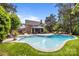 A beautiful backyard featuring a large in-ground pool, patio with dining and lounge furniture, and lush landscaping at 6916 Cameron Glen Dr, Charlotte, NC 28210