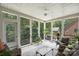 Relaxing screened porch with comfortable seating and a ceiling fan overlooking the backyard at 7117 Cobblecreek Dr, Weddington, NC 28104