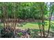 Serene backyard featuring mature trees, lush lawn, and landscaped areas, offering a tranquil outdoor retreat at 9928 Raddington Ln, Charlotte, NC 28269
