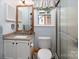 Bathroom featuring a granite vanity, modern fixtures, and a shower with glass doors at 9928 Raddington Ln, Charlotte, NC 28269