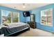 Bright bedroom with blue walls, large windows, and a ceiling fan for a comfortable and airy feel at 1134 Plaza Walk Dr, Charlotte, NC 28215
