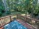 Outdoor wooden deck showcasing a green and white patterned rug, with a view of the treeline at 125 Shenandoah Loop, Troutman, NC 28166