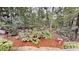 A serene backyard featuring a garden bed mulched with pine straw, surrounded by lush greenery at 139 Cricket Creek Dr, Cherryville, NC 28021