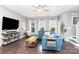 Bright living area with hardwood floors, large windows, and comfortable blue sectional sofa at 2945 Duvalla Ave, Charlotte, NC 28209