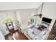 Lofted view of a living room featuring hardwood floors, a stone fireplace, and large windows at 3340 Emerald Pointe Ct, Monroe, NC 28110