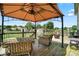 Inviting outdoor patio with comfortable seating under a canopy, perfect for relaxing and entertaining at 3340 Emerald Pointe Ct, Monroe, NC 28110