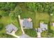 Aerial view shows a brick home with a large backyard featuring a patio and lush greenery at 5410 Berryview Ln, Gastonia, NC 28056