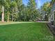 Backyard featuring a large lawn, trees, and a shed, creating a private and serene outdoor space at 7344 Maitland Ln, Charlotte, NC 28215
