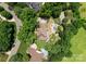 An aerial view showcasing the private backyard oasis with swimming pool, landscaping, and mature trees at 8433 Cheverny Dr, Waxhaw, NC 28173