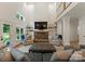 Spacious living room with a soaring ceiling, stone fireplace, and large windows offering natural light at 8433 Cheverny Dr, Waxhaw, NC 28173