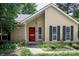Cozy home with a red front door, complemented by green landscaping and classic black shutters at 8618 Rittenhouse Cir, Charlotte, NC 28270