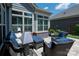 View of an outdoor patio with wicker seating, blue cushions, and stylish accents, perfect for relaxation and entertaining at 1006 Gradison Dr, Matthews, NC 28104