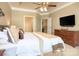 Relaxing main bedroom featuring tray ceilings, a ceiling fan, and a TV atop a wooden dresser at 155 Culpeze Rd, Mooresville, NC 28117